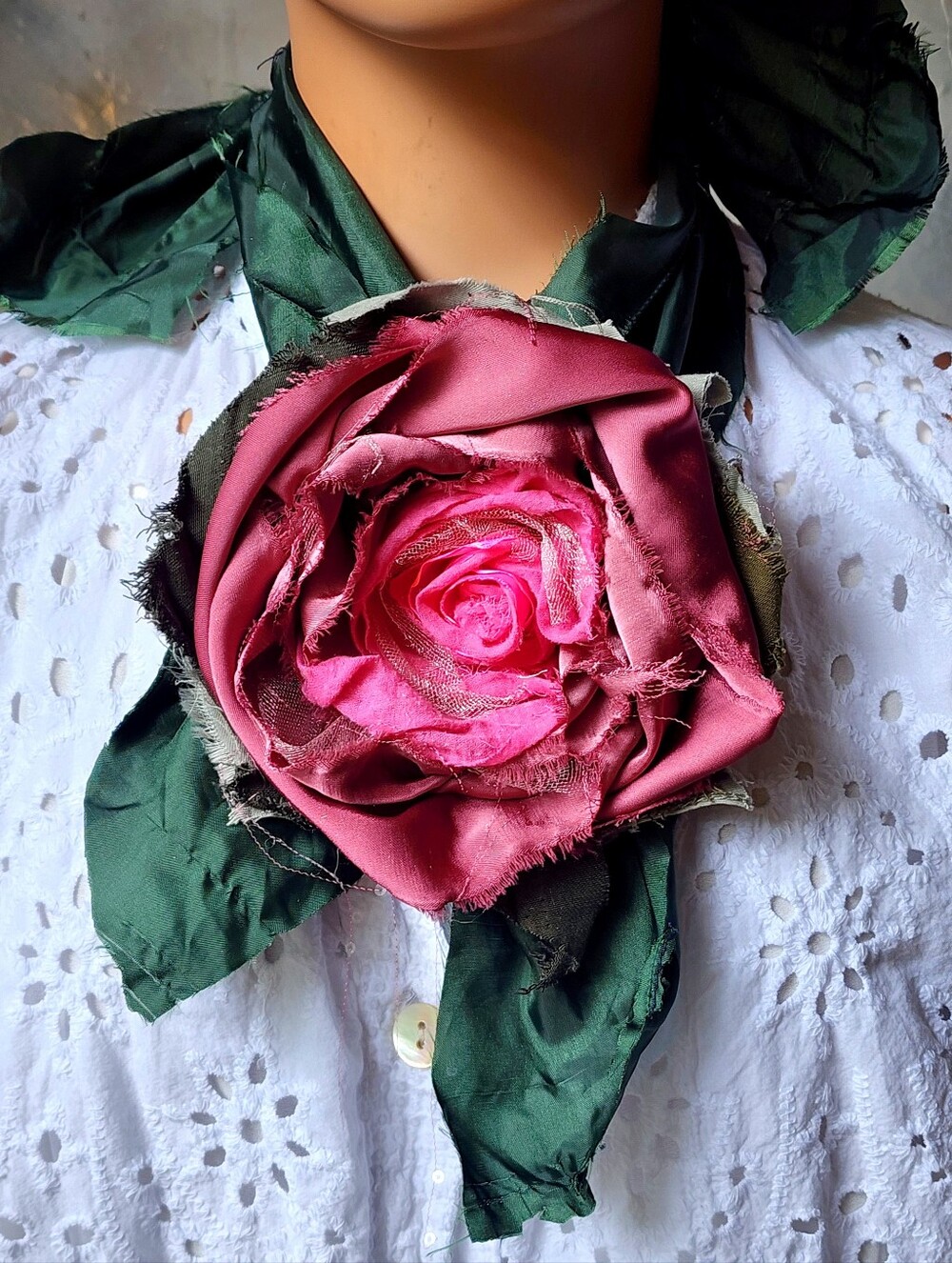 Large Edwardian Rose Bowtie Jabot Vintage Lace Silk Cottage Romantic Flower